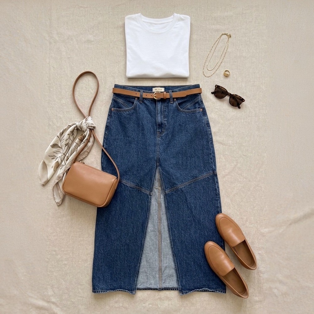 Madewell Size 30 Denim Maxi Skirt Blue Pieced Seam High Front Slit 100% Cotton